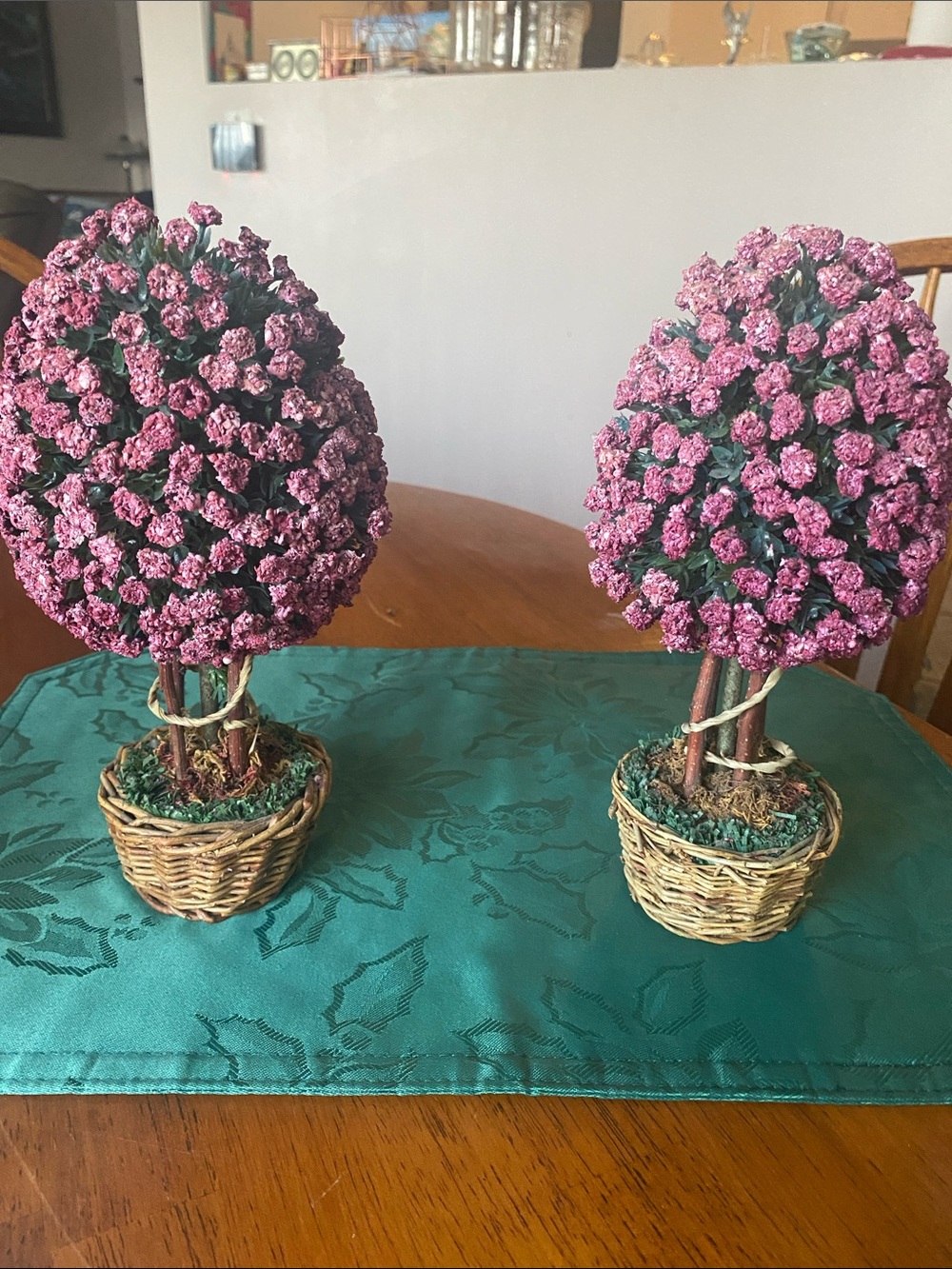 Decorative Pink Floral Topiary Pair in Wicker Pots